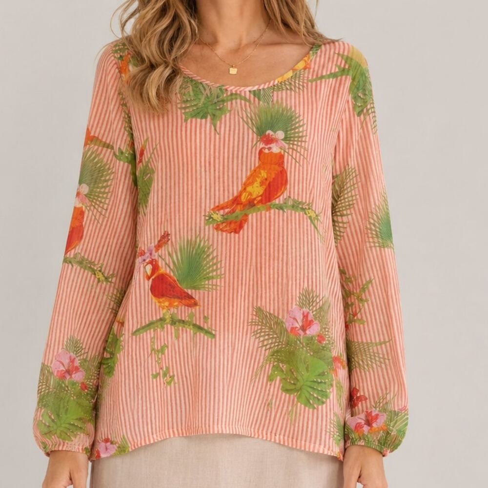 Lemon Way Top Size XL Tropical Bird Sheer Chiffon Blouse Pink Resort Boho